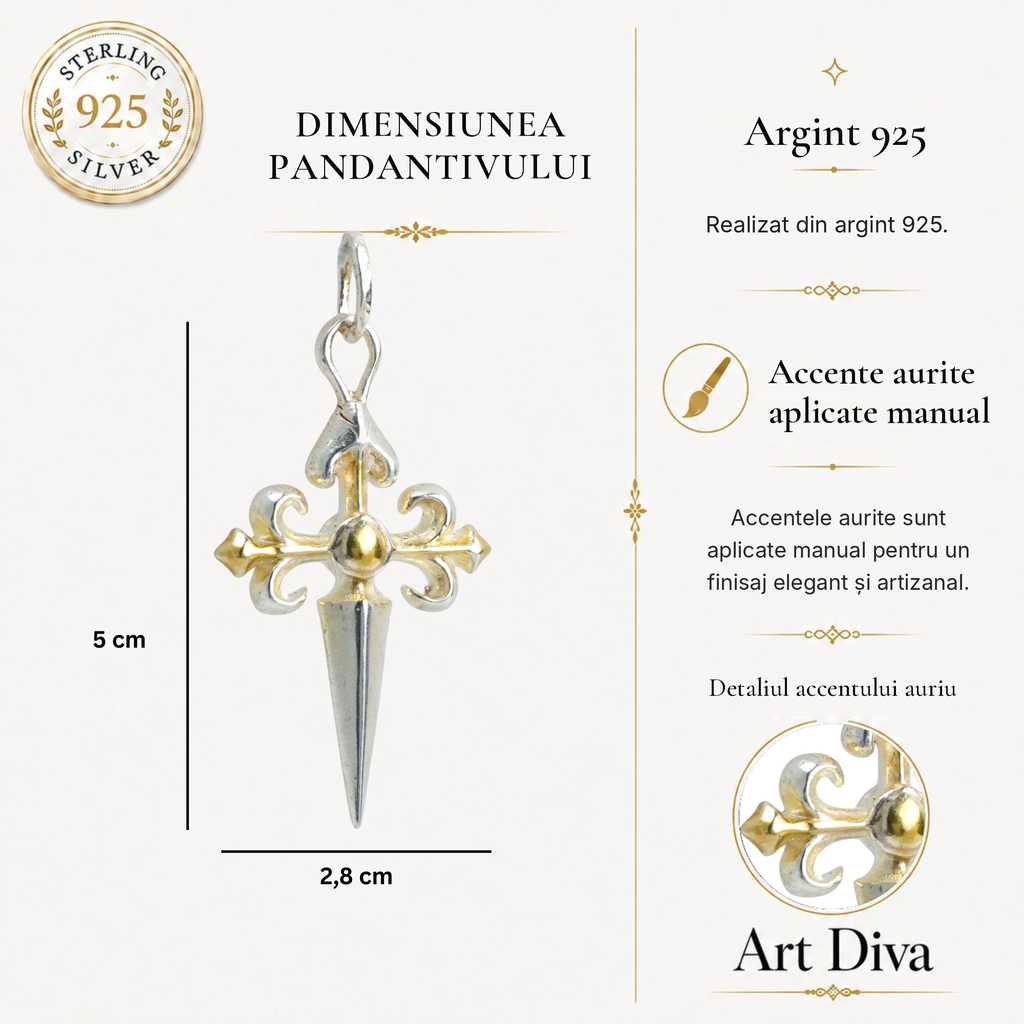 Pandantiv „Cruce Ornamentală” din argint 925 – simbol realizat manual al forței spirituale și al protecției, bijuterie sculpturală în stil boho și rustic | Art Diva