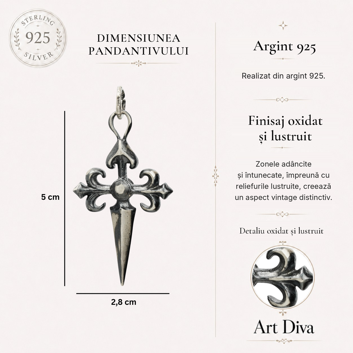 Pandantiv „Cruce Ornamentală Mare” pentru bărbați din argint 925 – design artistic, simbol al forței spirituale și al protecției | Art Diva