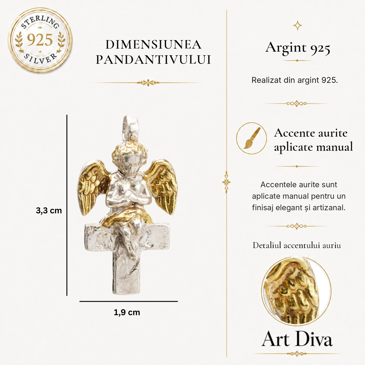 Pandantiv „Înger pe Cruce” pentru femei din argint 925 – talisman handmade pentru protecție și lumină, bijuterie sculpturală în stil boho și rustic | Art Diva