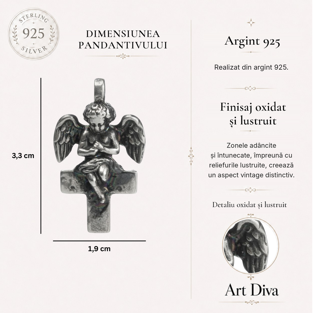 Pandantiv „Înger pe Cruce” din argint 925 – talisman handmade pentru protecție și lumină, bijuterie sculpturală în stil boho și rustic | Art Diva
