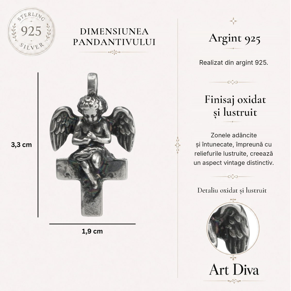 Pandantiv „Înger pe Cruce” din argint 925 – talisman handmade pentru protecție și lumină, bijuterie sculpturală în stil boho și rustic | Art Diva