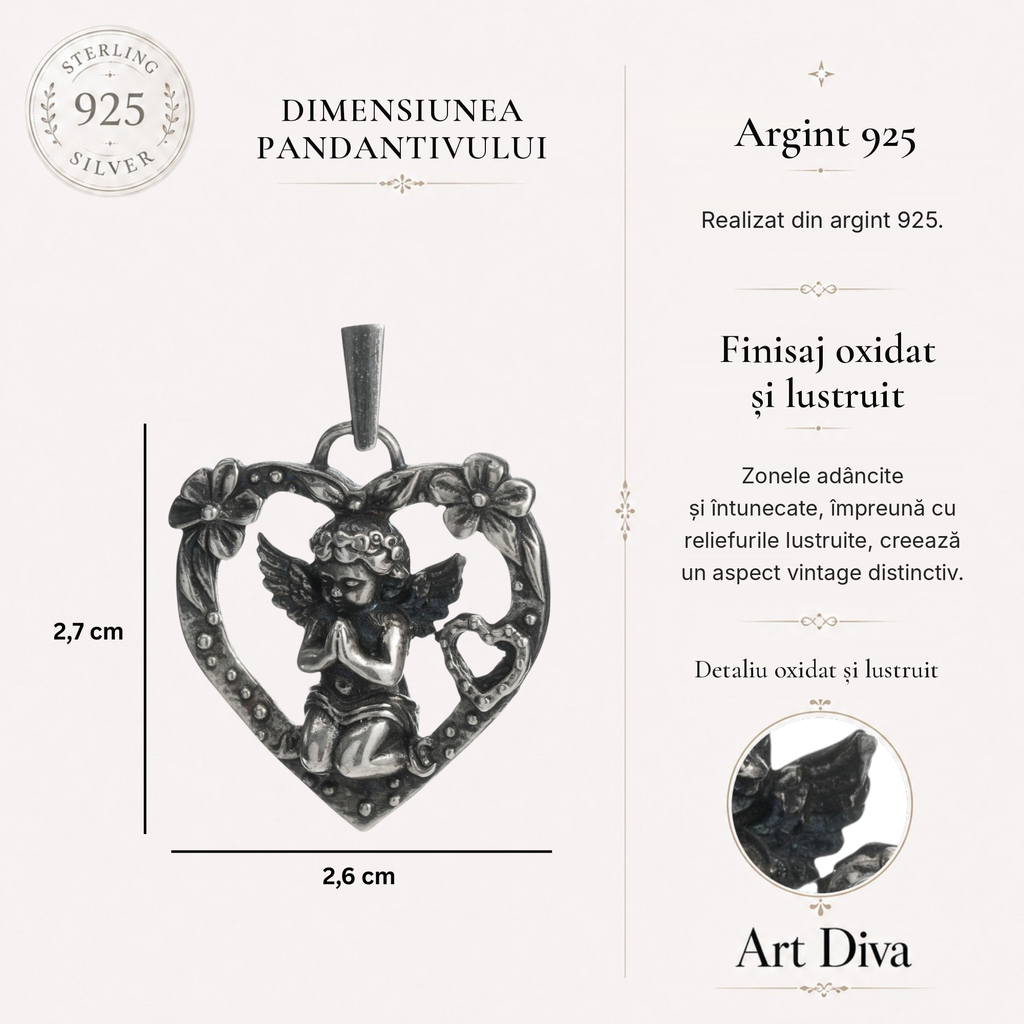 Pandantiv inimă „Rugăciunea unui Înger” pentru femei din argint 925 cu înger și flori – talisman pentru iubire și protecție, bijuterie sculpturală în stil boho și rustic | Art Diva