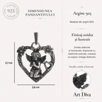 Pandantiv inimă „Rugăciunea unui Înger” pentru femei din argint 925 cu înger și flori – talisman pentru iubire și protecție, bijuterie sculpturală în stil boho și rustic | Art Diva
