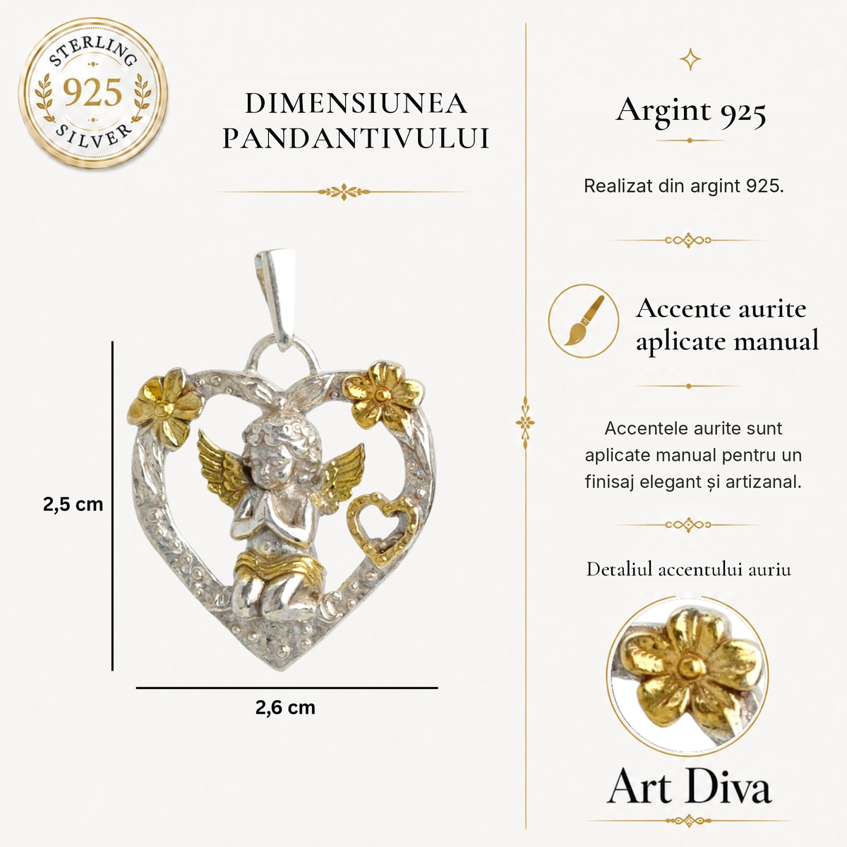 Pandantiv „Înger în Inimă” din argint 925 cu accente placate în aur – talisman pentru iubire și protecție, bijuterie sculpturală în stil boho și rustic | Art Diva