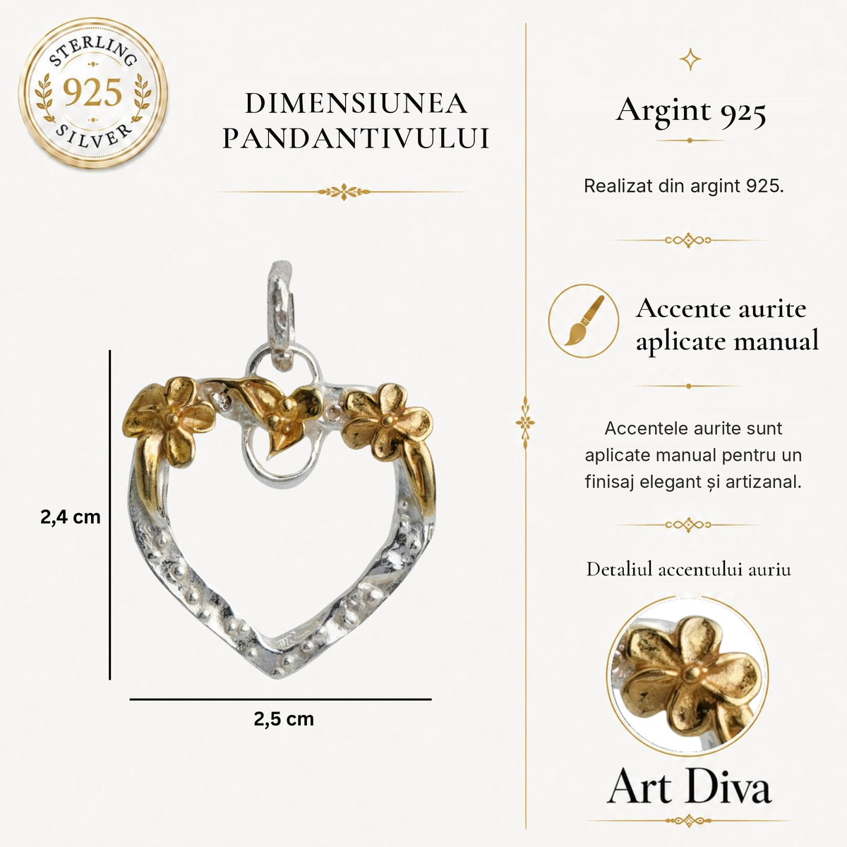 Pandantiv „Inimă Deschisă” pentru femei din argint 925 cu accente aurii – bijuterie sculpturală în stil boho și rustic | Art Diva