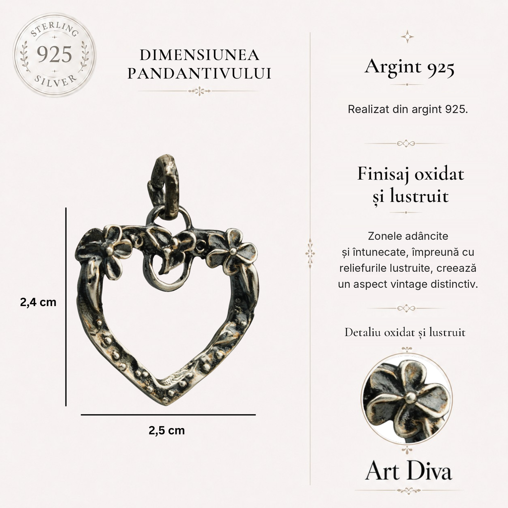 Pandantiv „Inimă deschisă” pentru femei din argint 925 – bijuterie oxidată în stil boho și rustic | Art Diva