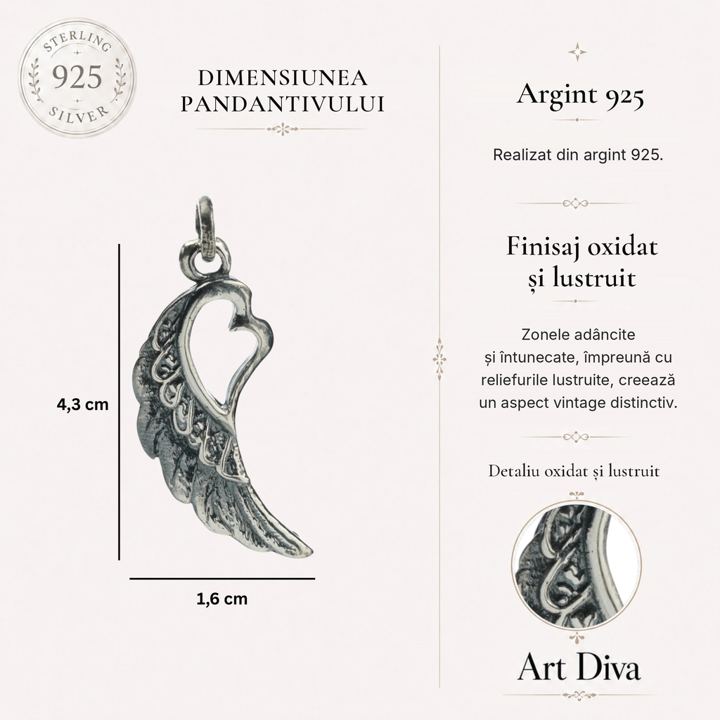 Pandantiv „Aripă cu Inimă” din argint 925 – talisman al iubirii și al protecției, bijuterie sculpturală în stil boho și rustic | Art Diva
