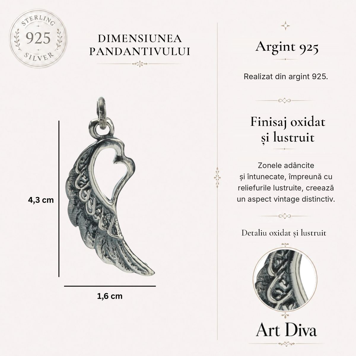Pandantiv „Aripă cu Inimă” din argint 925 – talisman al iubirii și al protecției, bijuterie sculpturală în stil boho și rustic | Art Diva