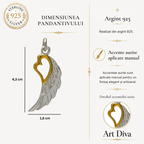 Pandantiv „Aripă cu Inimă” din argint 925 cu accente aurii – talisman al iubirii și al protecției, bijuterie sculpturală în stil boho | Art Diva