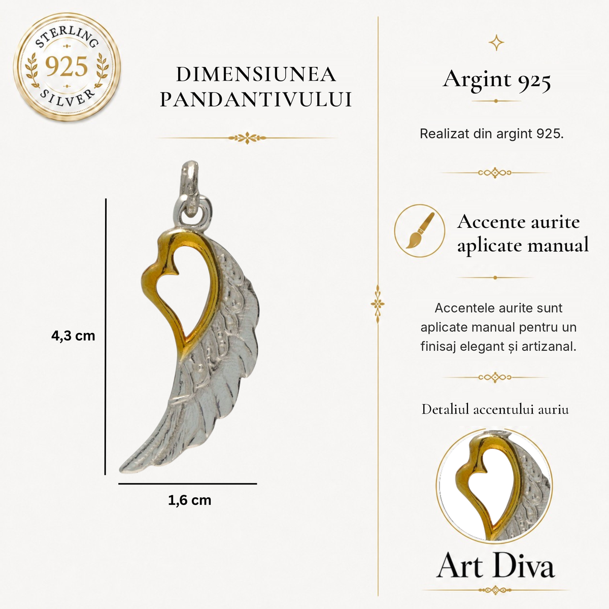 Pandantiv „Aripă cu Inimă” din argint 925 cu accente aurii – talisman al iubirii și al protecției, bijuterie sculpturală în stil boho | Art Diva