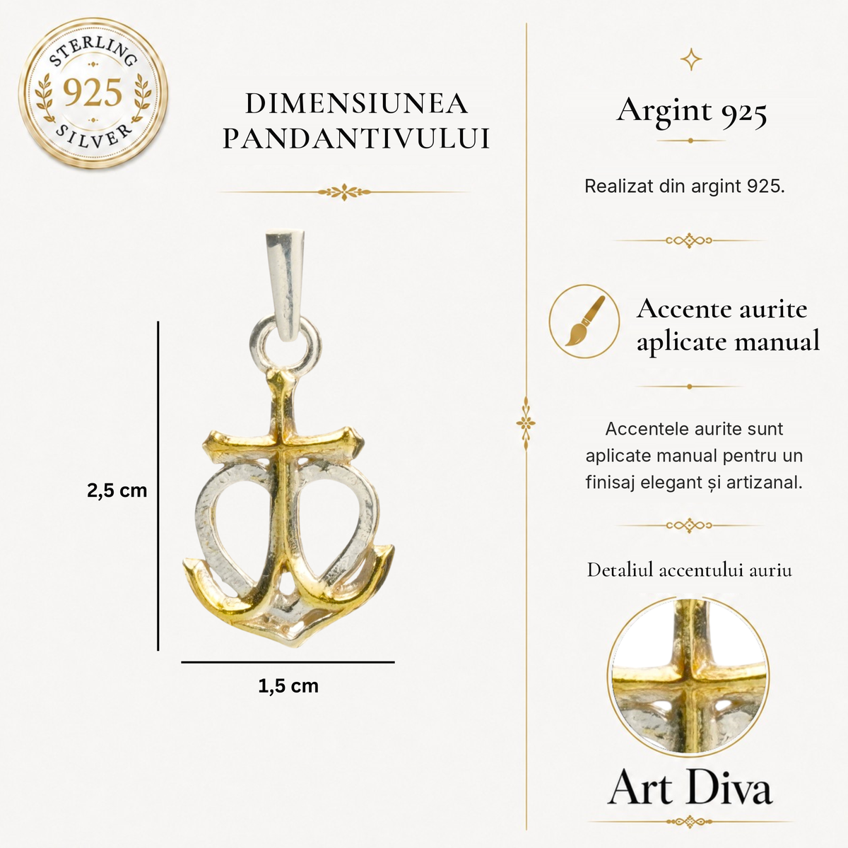 Pandantiv „Credință • Speranță • Iubire” din argint 925 cu accente aurii – talisman maritim, bijuterie sculpturală în stil boho | Art Diva