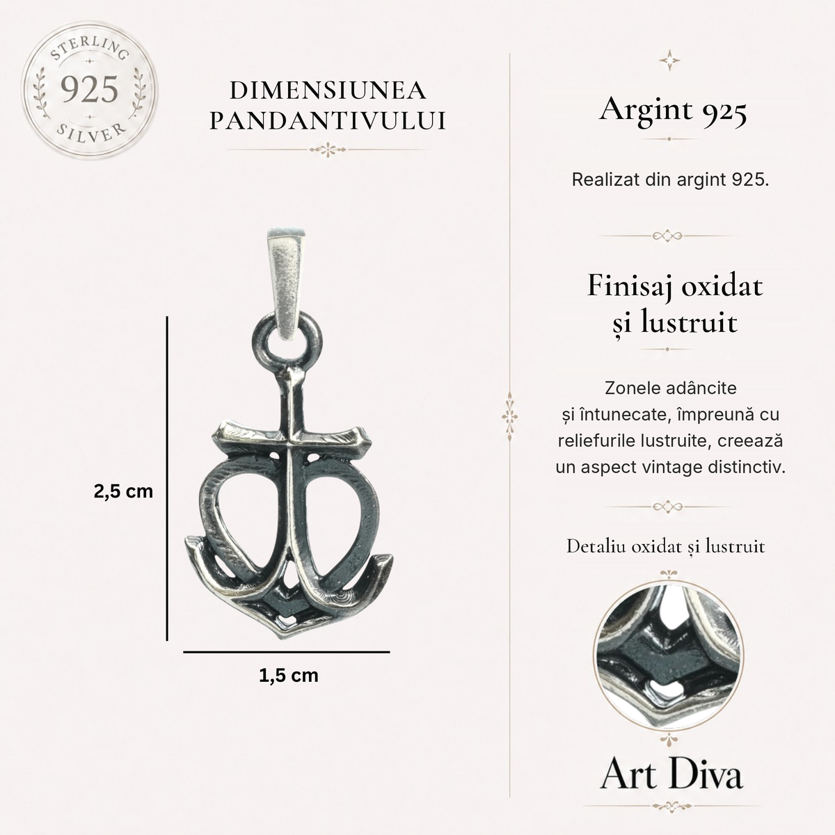 Pandantiv „Credință • Speranță • Iubire” din argint 925 – talisman maritim, bijuterie sculpturală în stil boho și rustic | Art Diva