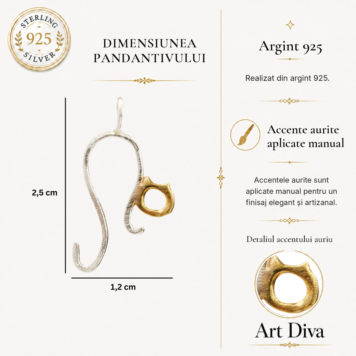 Pandantiv „Pisicuță” din argint 925 cu accent auriu – talisman filigranat pentru gingășie și protecție, bijuterie sculpturală în stil boho | Art Diva