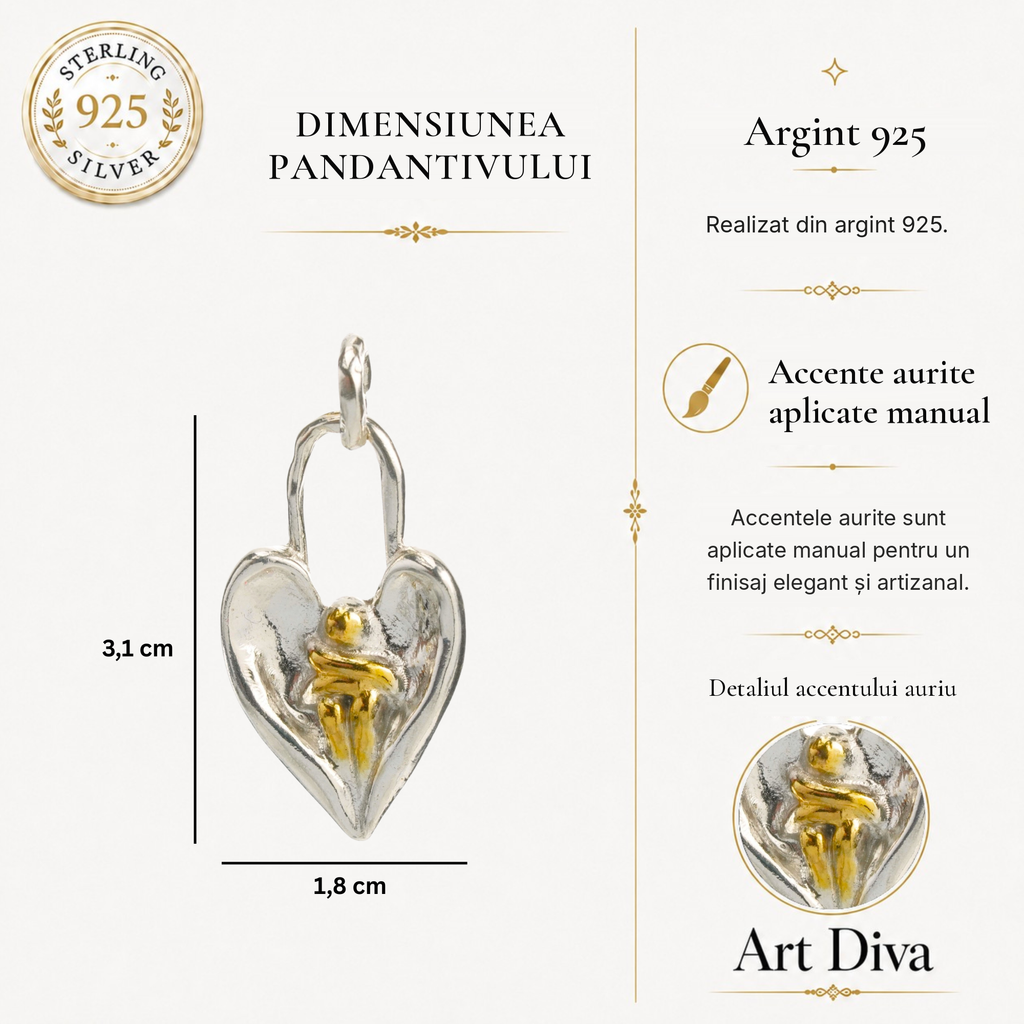 Pandantiv „Îmbrățișarea Îngerului” din argint 925 cu accente aurii – talisman de alinare și protecție, bijuterie sculpturală boho și rustică | Art Diva