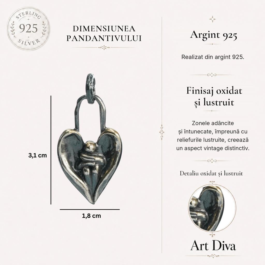 Pandantiv „Îmbrățișarea îngerului” din argint 925 – talisman pentru alinare și protecție, bijuterie sculpturală oxidată în stil boho și rustic | Art Diva