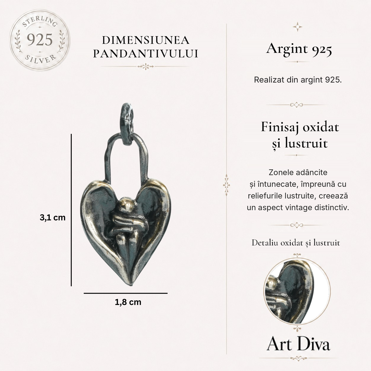 Pandantiv „Îmbrățișarea îngerului” din argint 925 – talisman pentru alinare și protecție, bijuterie sculpturală oxidată în stil boho și rustic | Art Diva