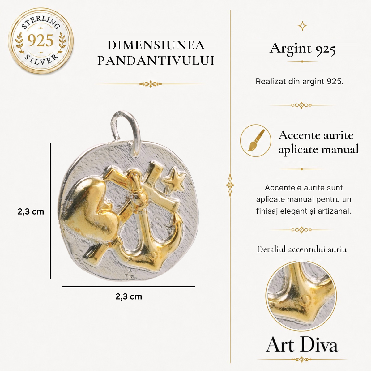 Pandantiv „Credință, Iubire și Speranță” din argint 925 cu accente aurii – talisman maritim, bijuterie sculpturală în stil boho și rustic | Art Diva
