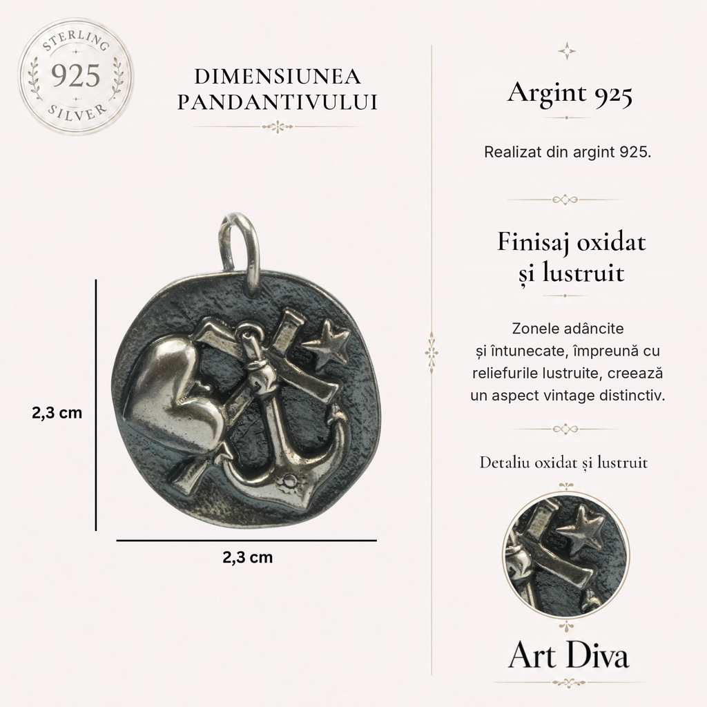 Pandantiv „Credință • Iubire • Speranță” din argint 925 – talisman pentru forță și liniște interioară, bijuterie sculpturală în stil boho și rustic | Art Diva