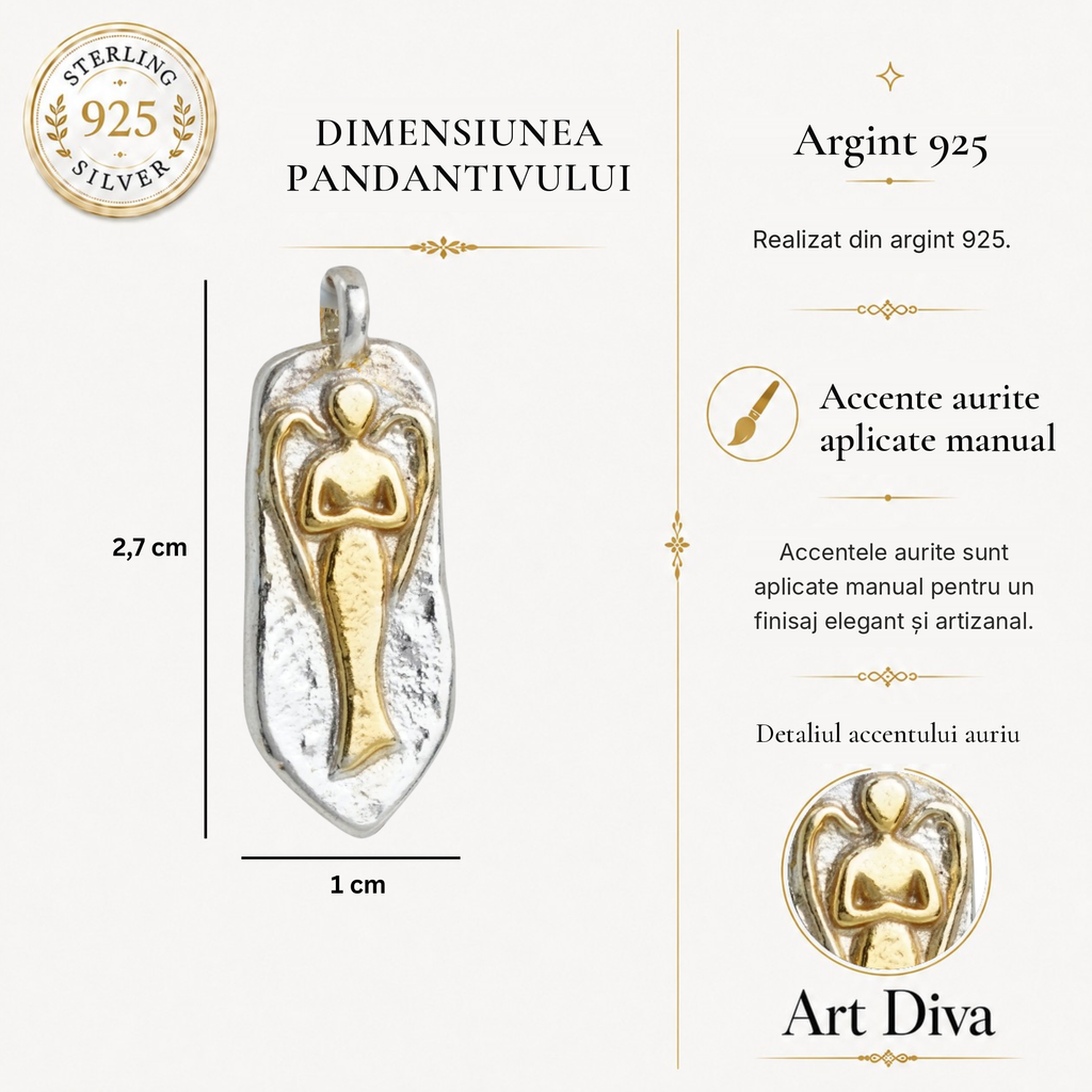 Pandantiv „Înger păzitor” din argint 925 cu accente aurii – talisman sculptural lustruit manual pentru protecție și lumină | Art Diva