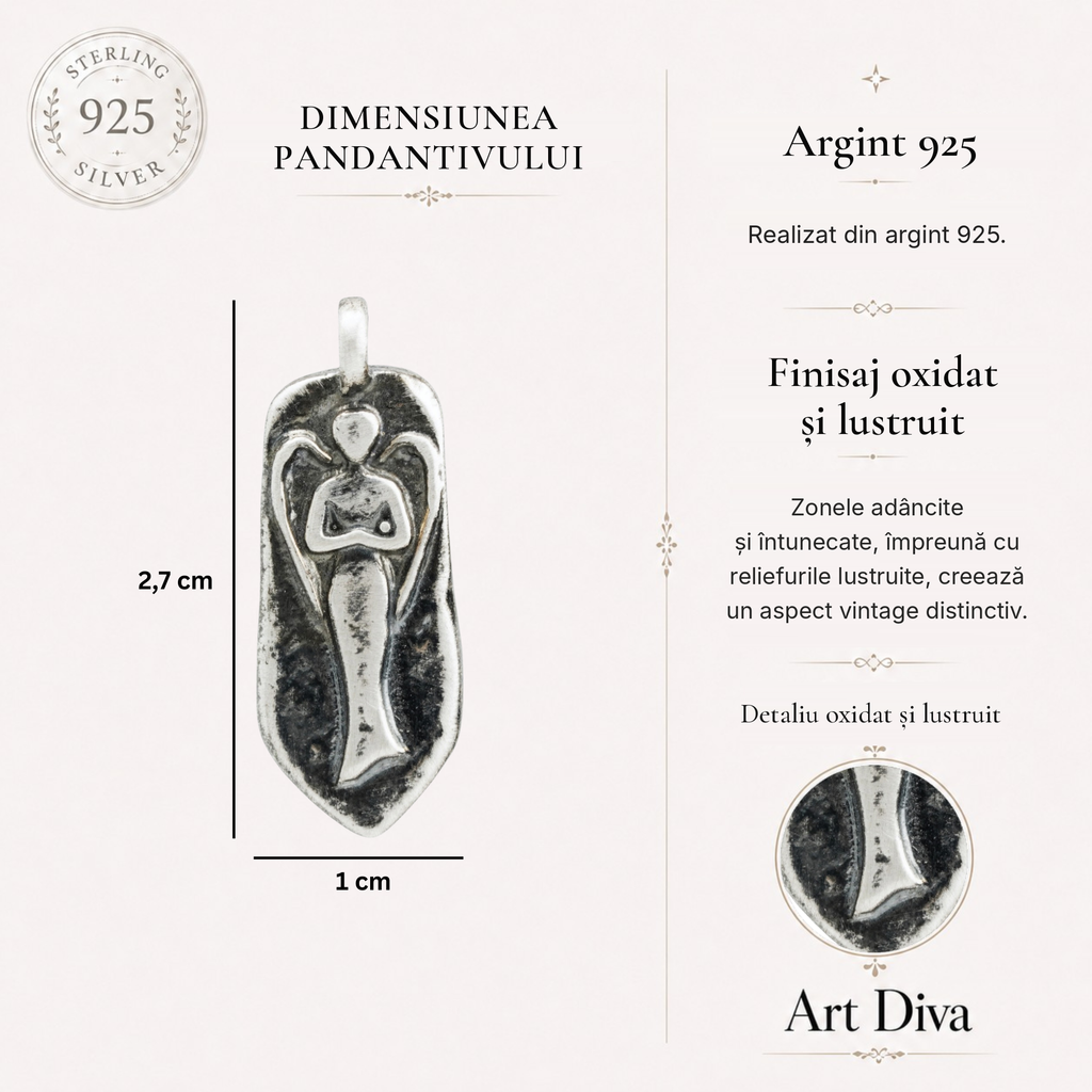 Pandantiv „Înger păzitor” din argint 925 – talisman sculptural pentru protecție și forță interioară, bijuterie oxidată în stil boho și rustic | Art Diva