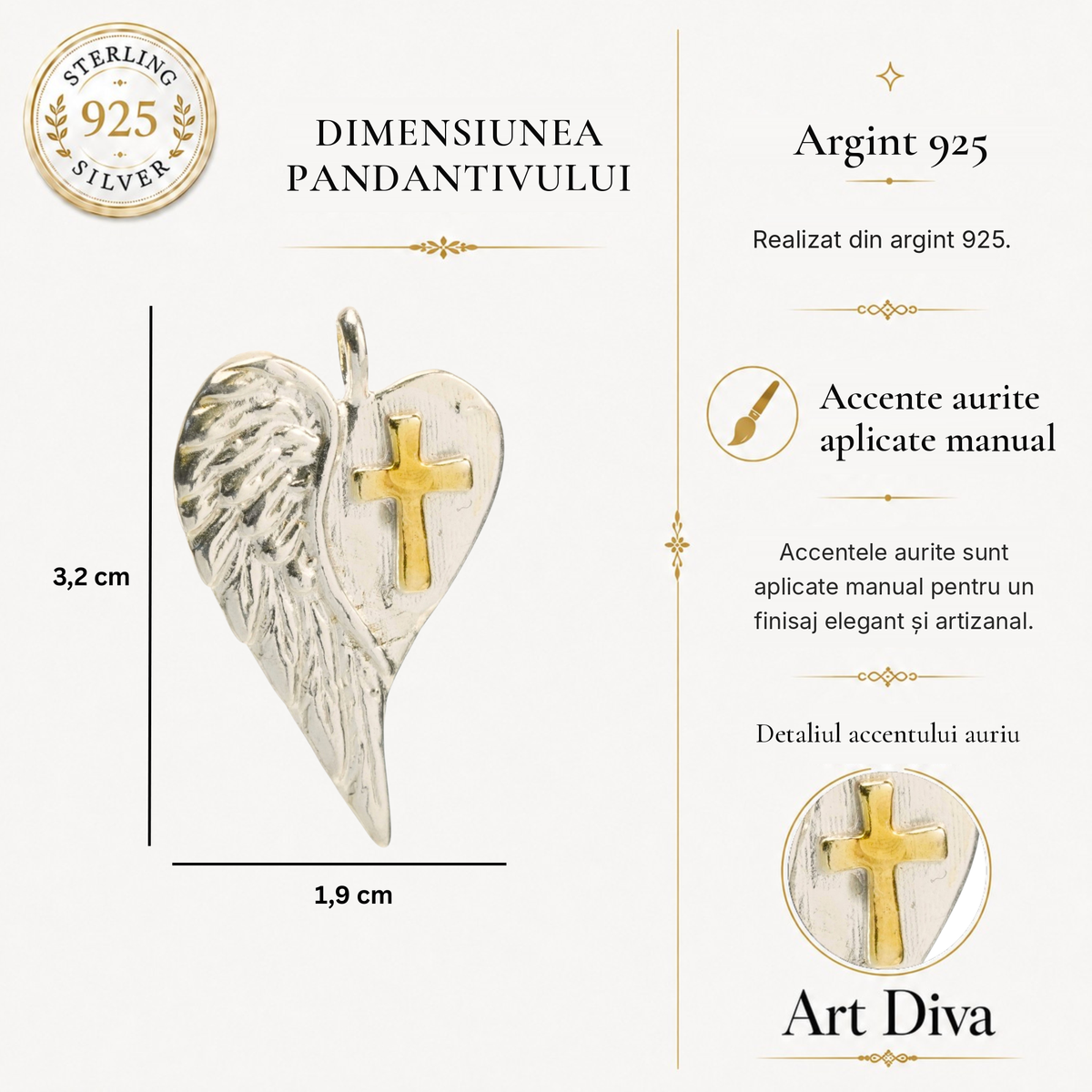 Pandantiv „Inimă cu cruce și aripă de înger” din argint 925 cu accente aurii – talisman lustruit manual pentru protecție, iubire și forță interioară | Art Diva