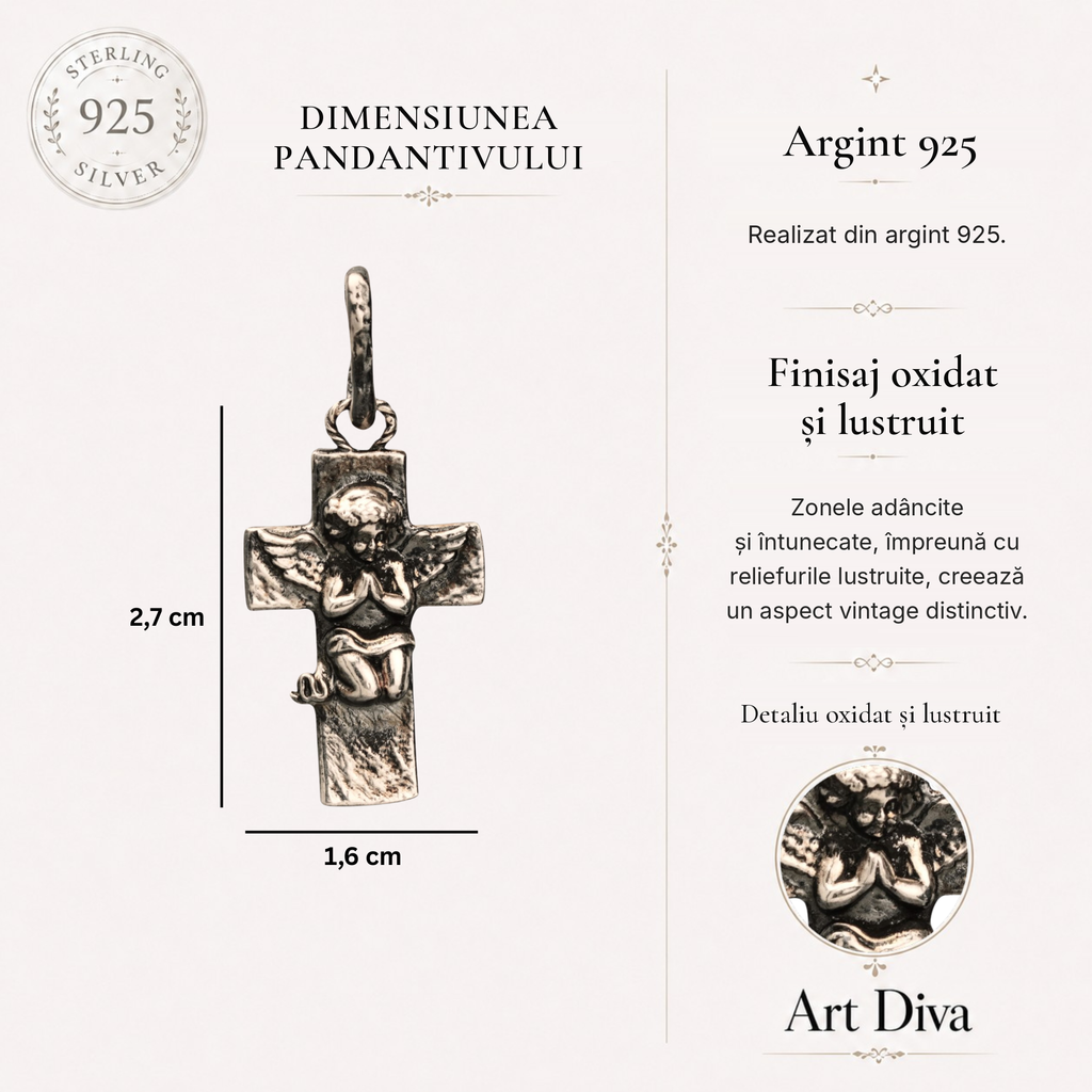 Pandantiv „Rugăciunea Îngerului” din argint 925 – talisman realizat manual pentru credință și protecție spirituală, bijuterie sculpturală boho și rustică | Art Diva
