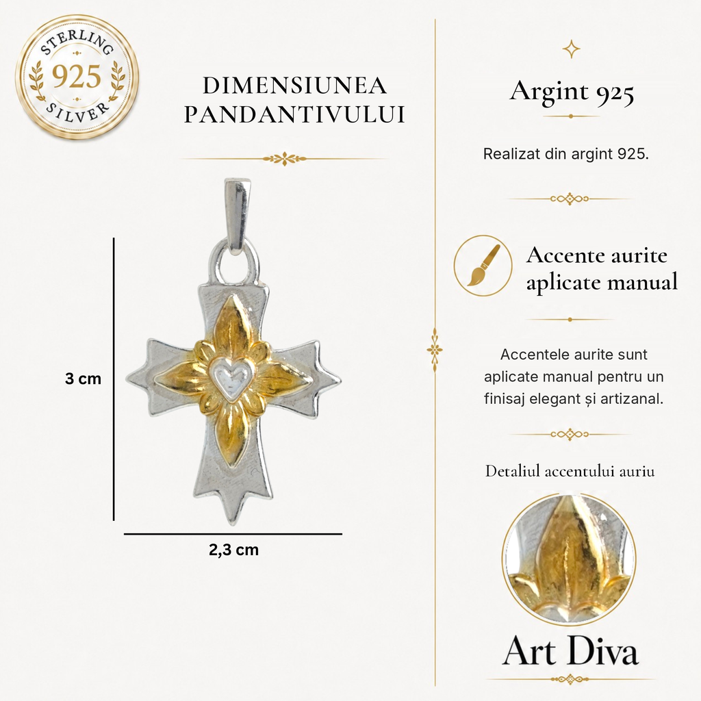 Pandantiv „Crucea Luminii” din argint 925 – simbol al credinței și al protecției, bijuterie sculpturală în stil boho și rustic | Art Diva