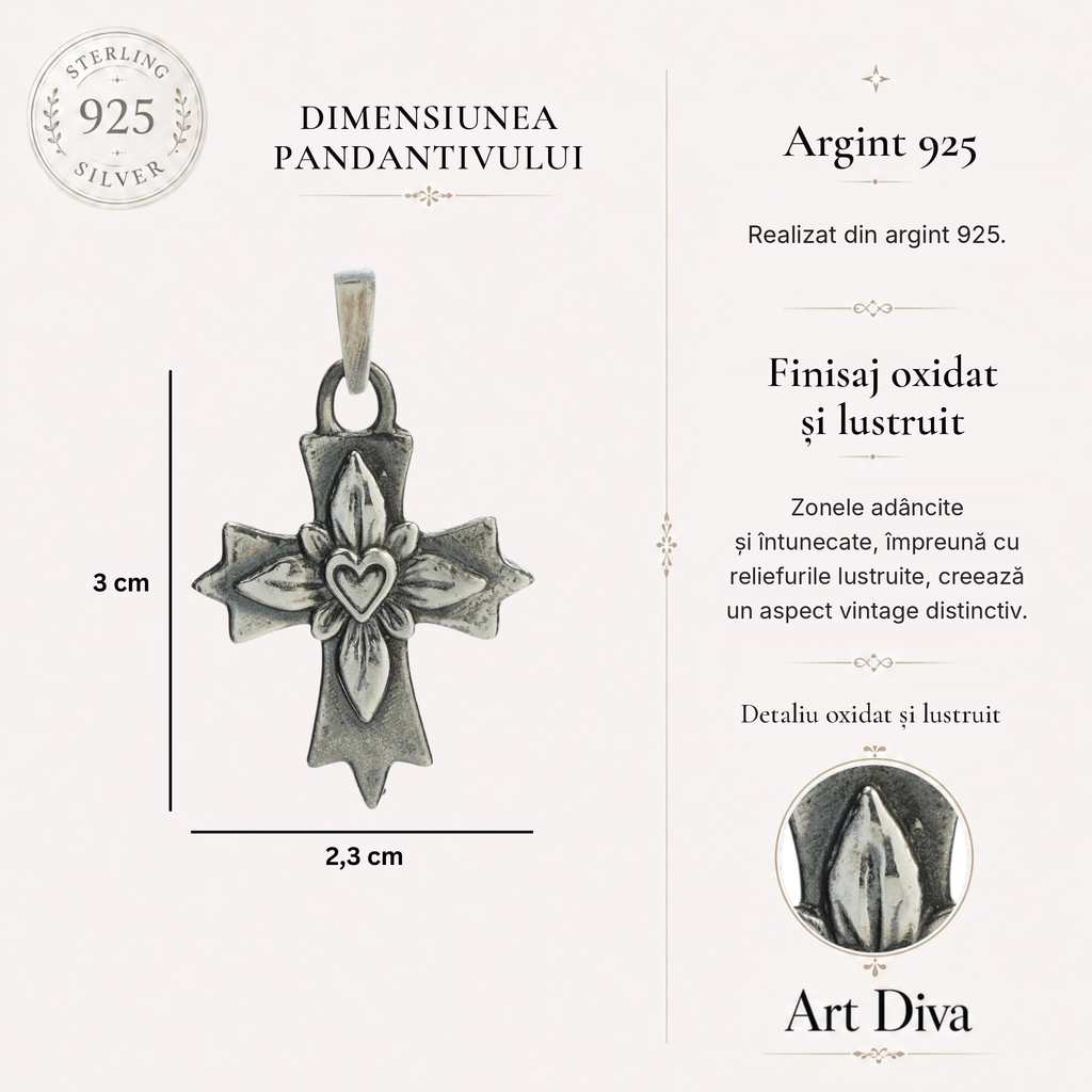 Pandantiv „Cruce cu inimă” din argint 925 – simbol al iubirii și al credinței, bijuterie sculpturală oxidată în stil boho și rustic | Art Diva