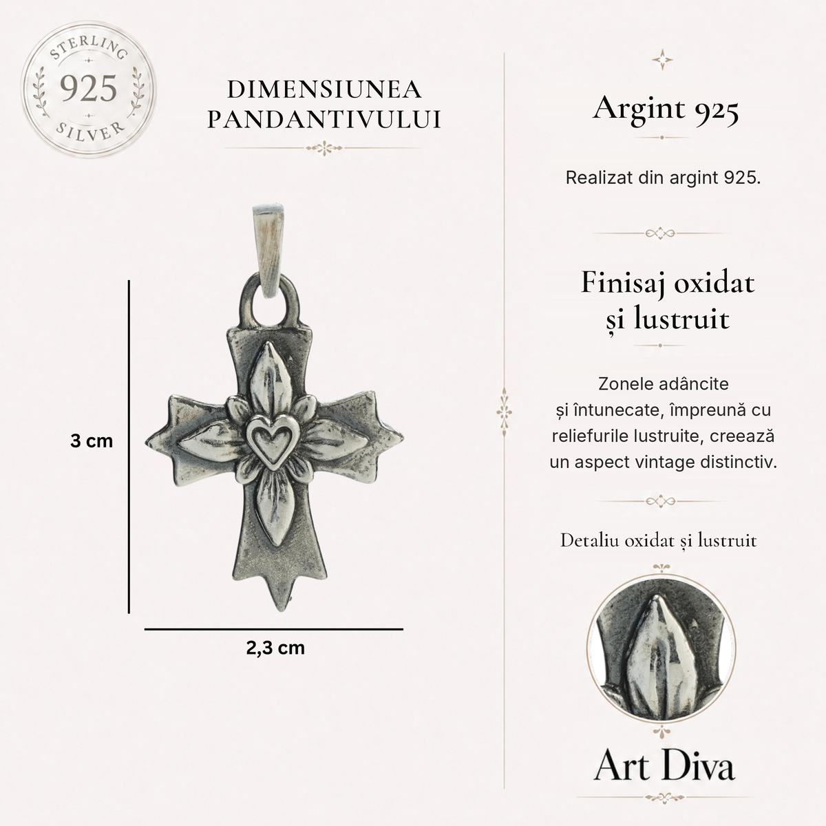 Pandantiv „Cruce cu inimă” din argint 925 – simbol al iubirii și al credinței, bijuterie sculpturală oxidată în stil boho și rustic | Art Diva