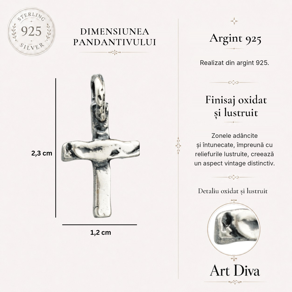 Pandantiv „Cruce Mică” din argint 925 – bijuterie realizată manual în stil boho și rustic | Art Diva