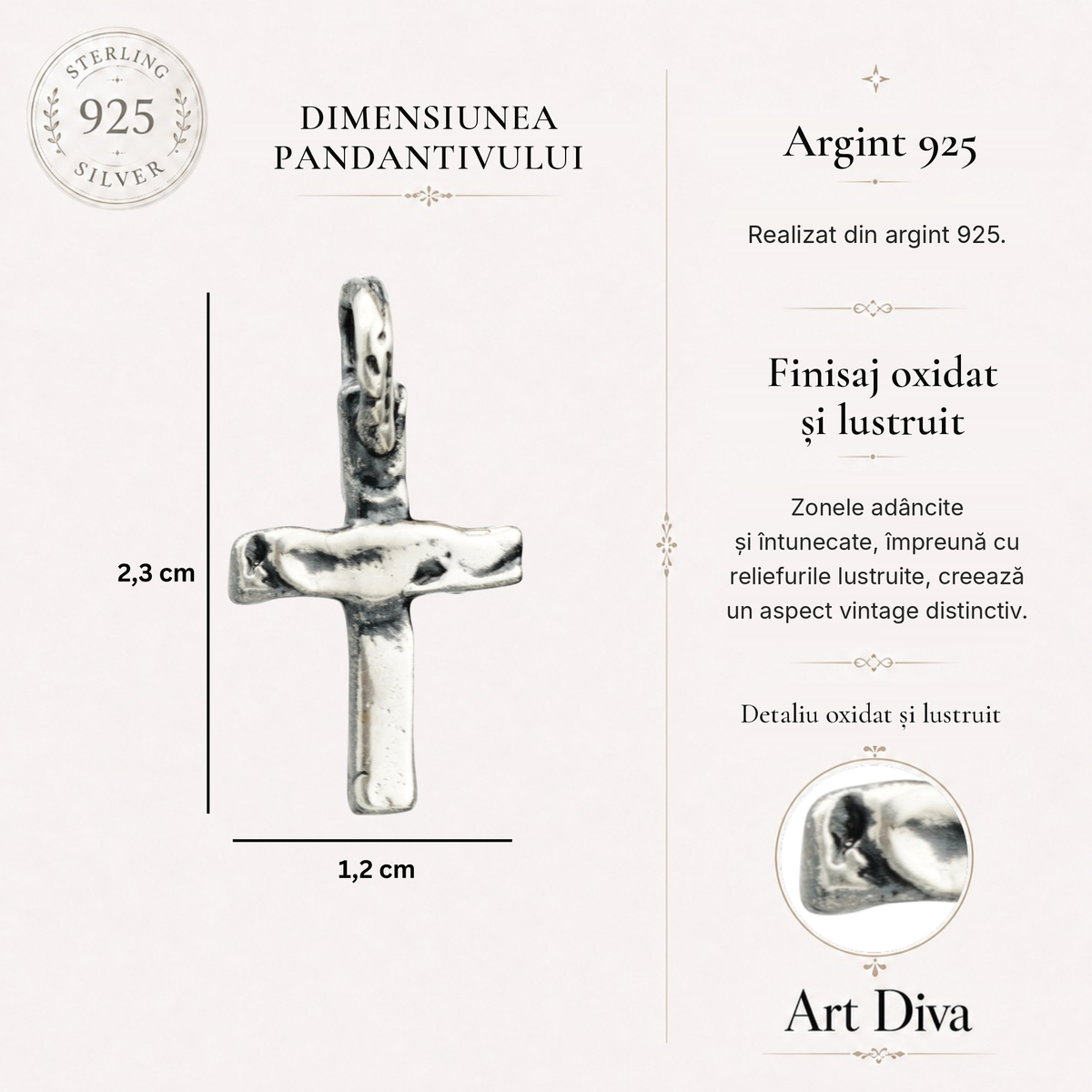 Pandantiv „Cruce Mică” din argint 925 – bijuterie realizată manual în stil boho și rustic | Art Diva