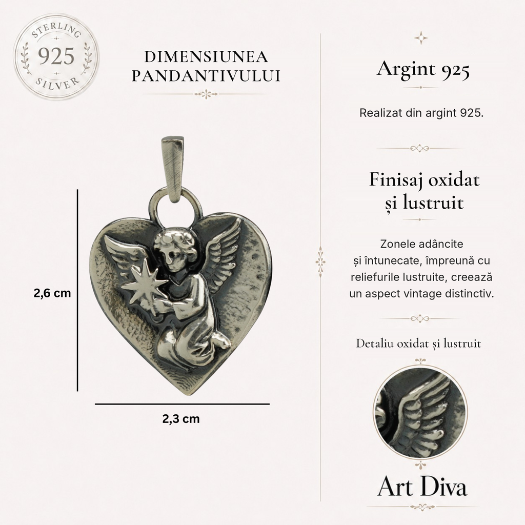 Pandantiv „Înger Ceresc cu Stea” din argint 925 – talisman handmade pentru iubire, amintire și protecție, bijuterie sculpturală în stil boho și rustic | Art Diva