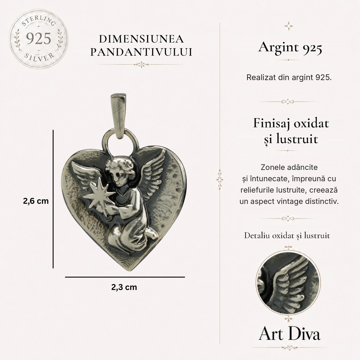 Pandantiv „Înger Ceresc cu Stea” din argint 925 – talisman handmade pentru iubire, amintire și protecție, bijuterie sculpturală în stil boho și rustic | Art Diva