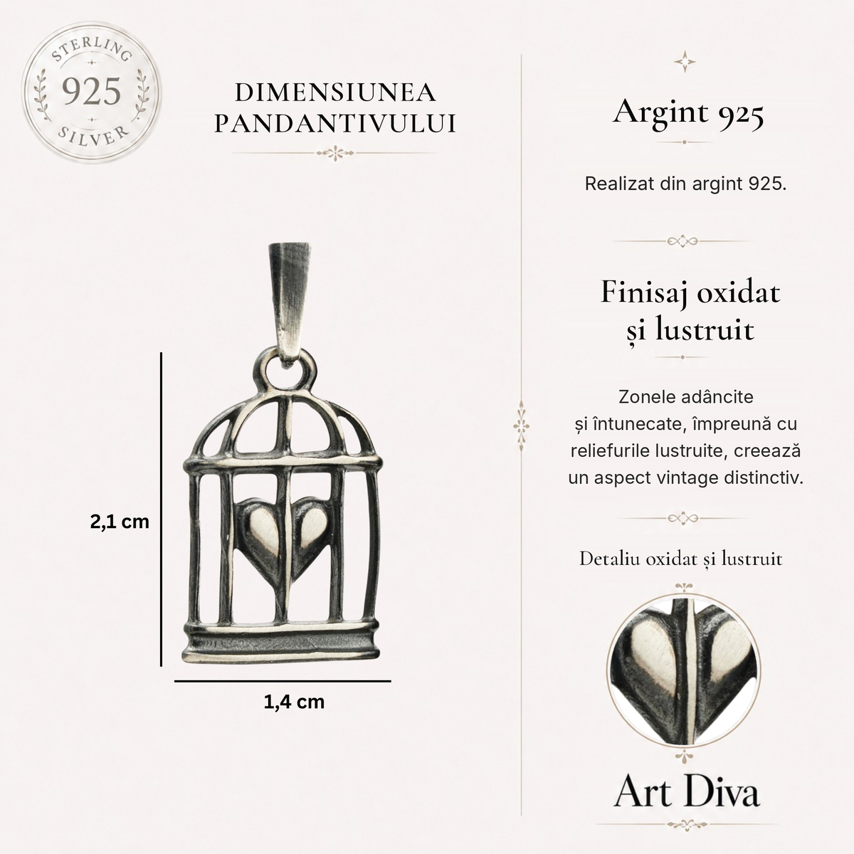 Pandantiv „Inimă în colivie” din argint 925 cu suprafață oxidată – talisman pentru iubire și spirit liber, amuletă pentru sentimente și forță interioară, bijuterie sculpturală în stil boho și rustic | Art Diva