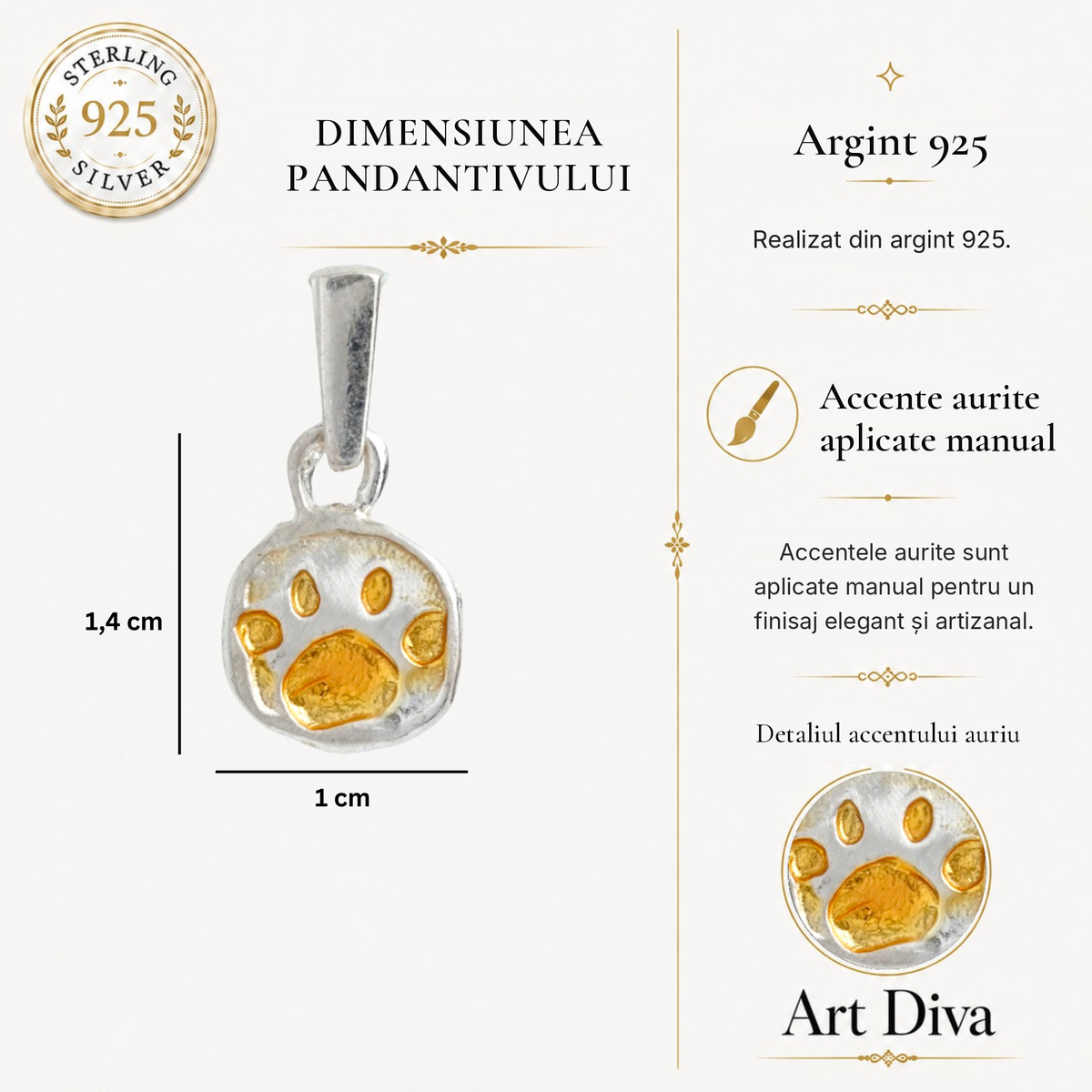 Pandantiv „Lăbuță” din argint 925 cu accente aurii – talisman boho handmade pentru dragostea față de animale, cadou pentru iubitorii de câini sau pisici | Art Diva
