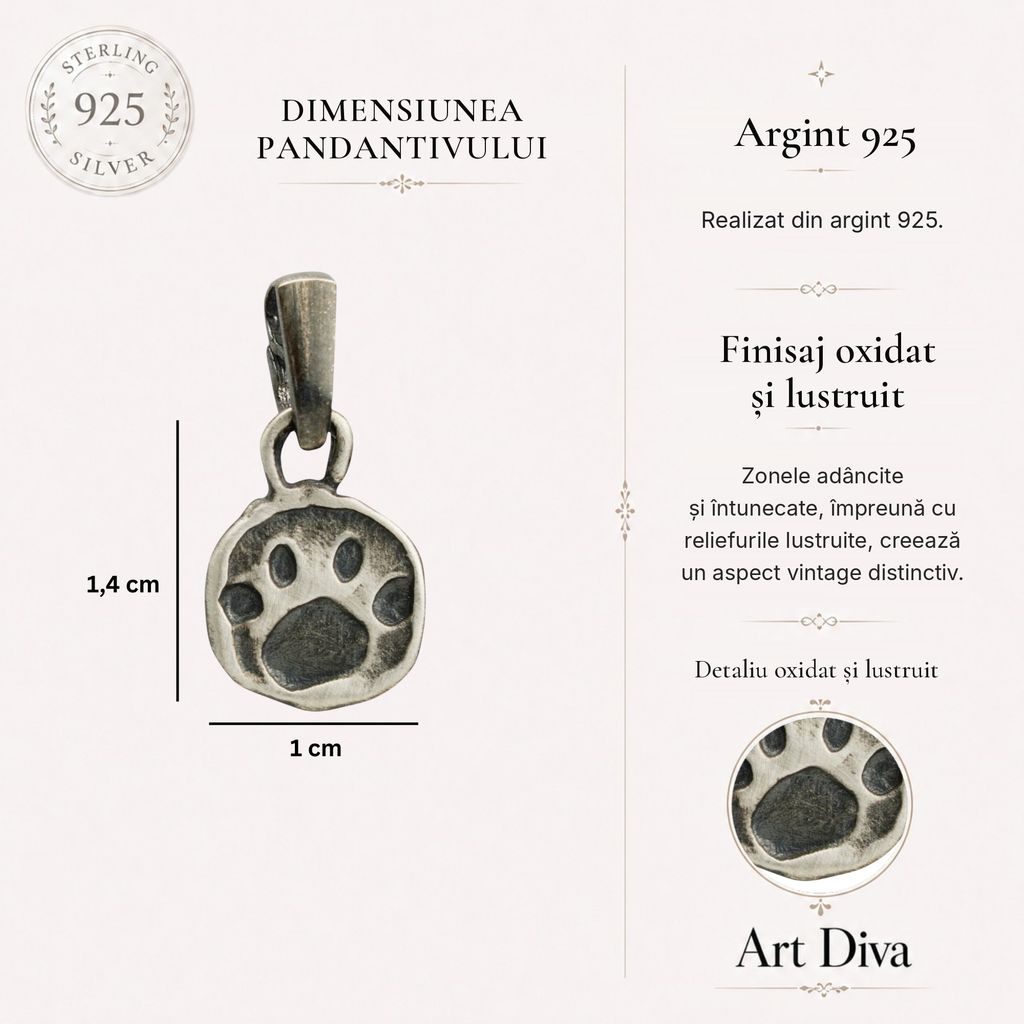 Pandantiv „Lăbuță” din argint 925 – talisman boho pentru iubirea de animale, bijuterie sculpturală și cadou pentru iubitorii de câini sau pisici | Art Diva