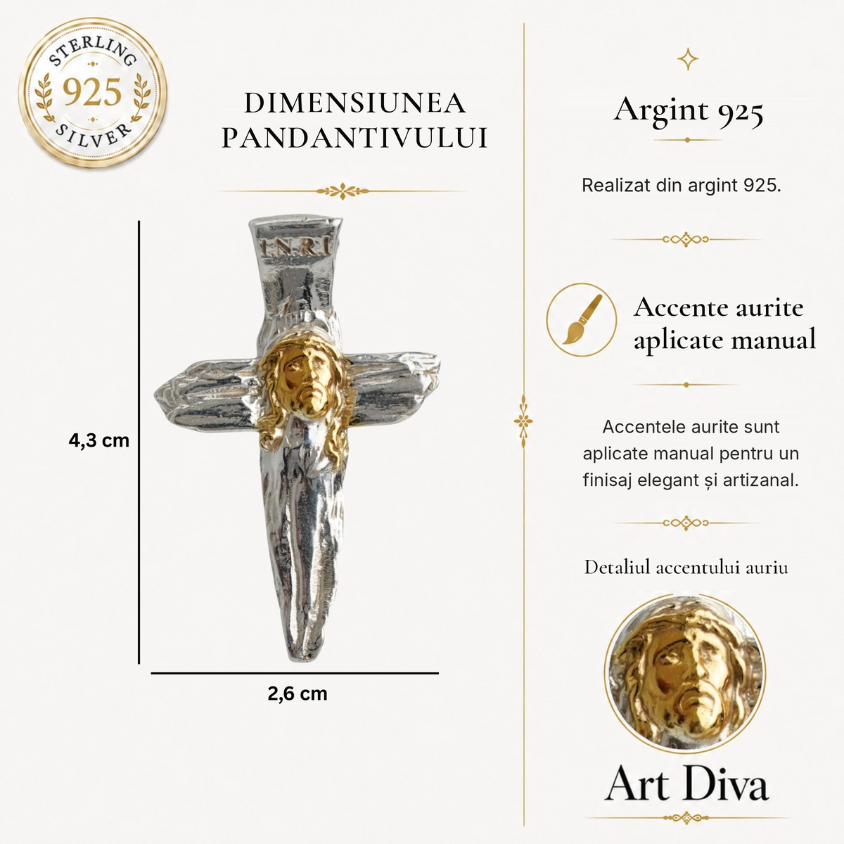 Pandantiv „Iisus Hristos” din argint 925 cu accente aurii – simbol realizat manual al credinței și al protecției, bijuterie sculpturală în stil boho și rustic | Art Diva