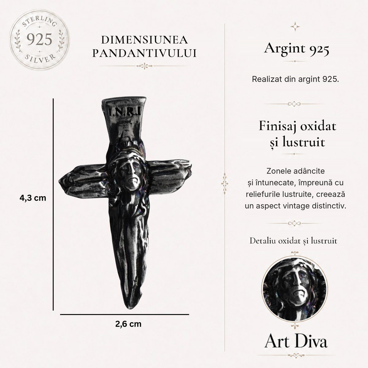Cruce cu Isus Hristos din argint sterling 925 – pandantiv religios realizat manual, simbol al credinței și al protecției | Art Diva