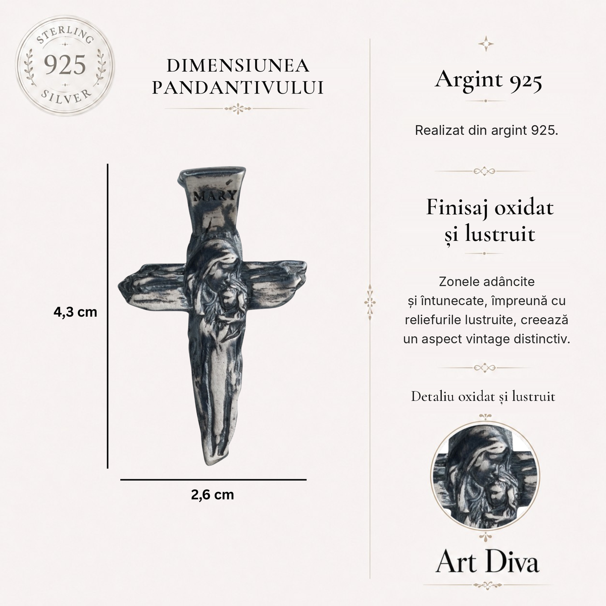 Pandantiv Cruce cu Fecioara Maria și Pruncul Isus din argint 925 – simbol creștin realizat manual al credinței și al protecției | Art Diva