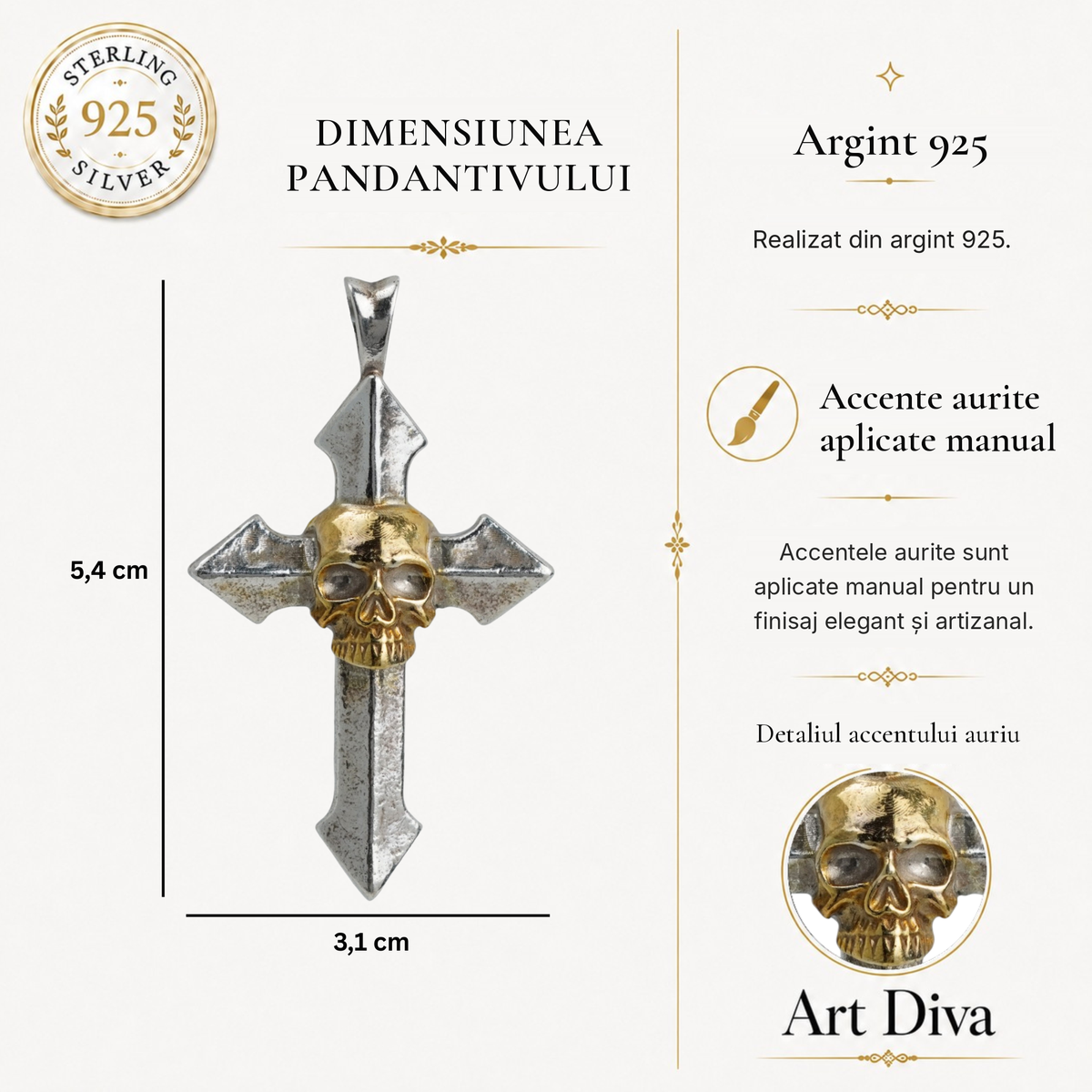 Pandantiv cruce „Memento Mori” pentru bărbați din argint 925 cu accente aurii – simbol al forței și al atenției depline, bijuterie sculpturală în stil boho și rustic | Art Diva