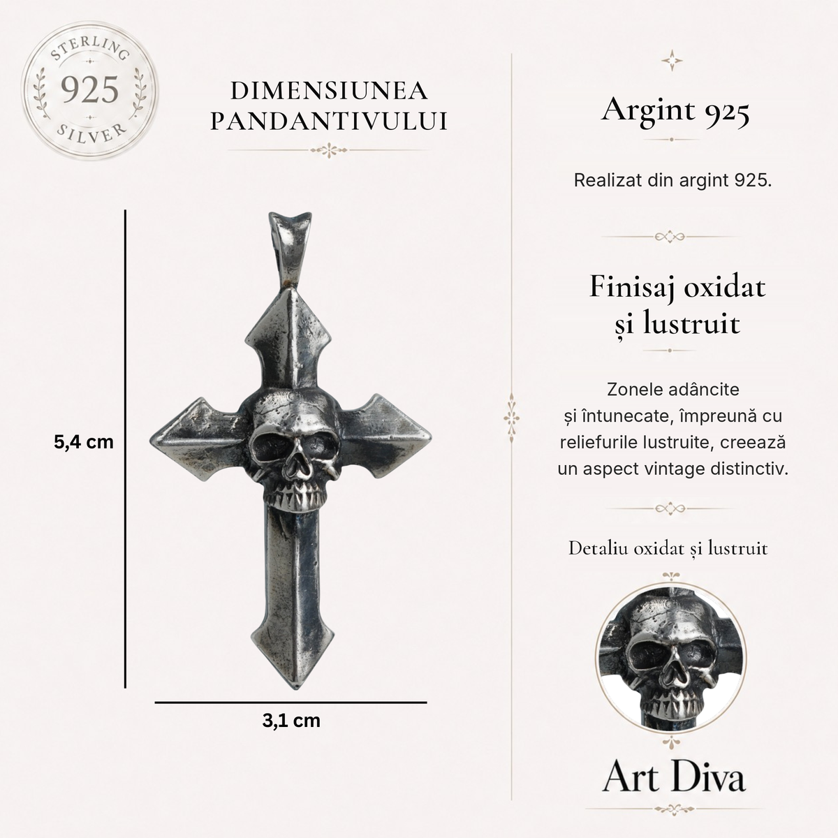Pandantiv cruce „Memento Mori” pentru bărbați din argint 925 – simbol al trecerii și al eternității | Art Diva