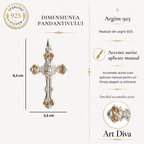 Pandantiv „Cruce ornamentală cu Preasfânta Inimă a lui Iisus” din argint 925 cu accente aurii – bijuterie sculpturală realizată manual | Art Diva