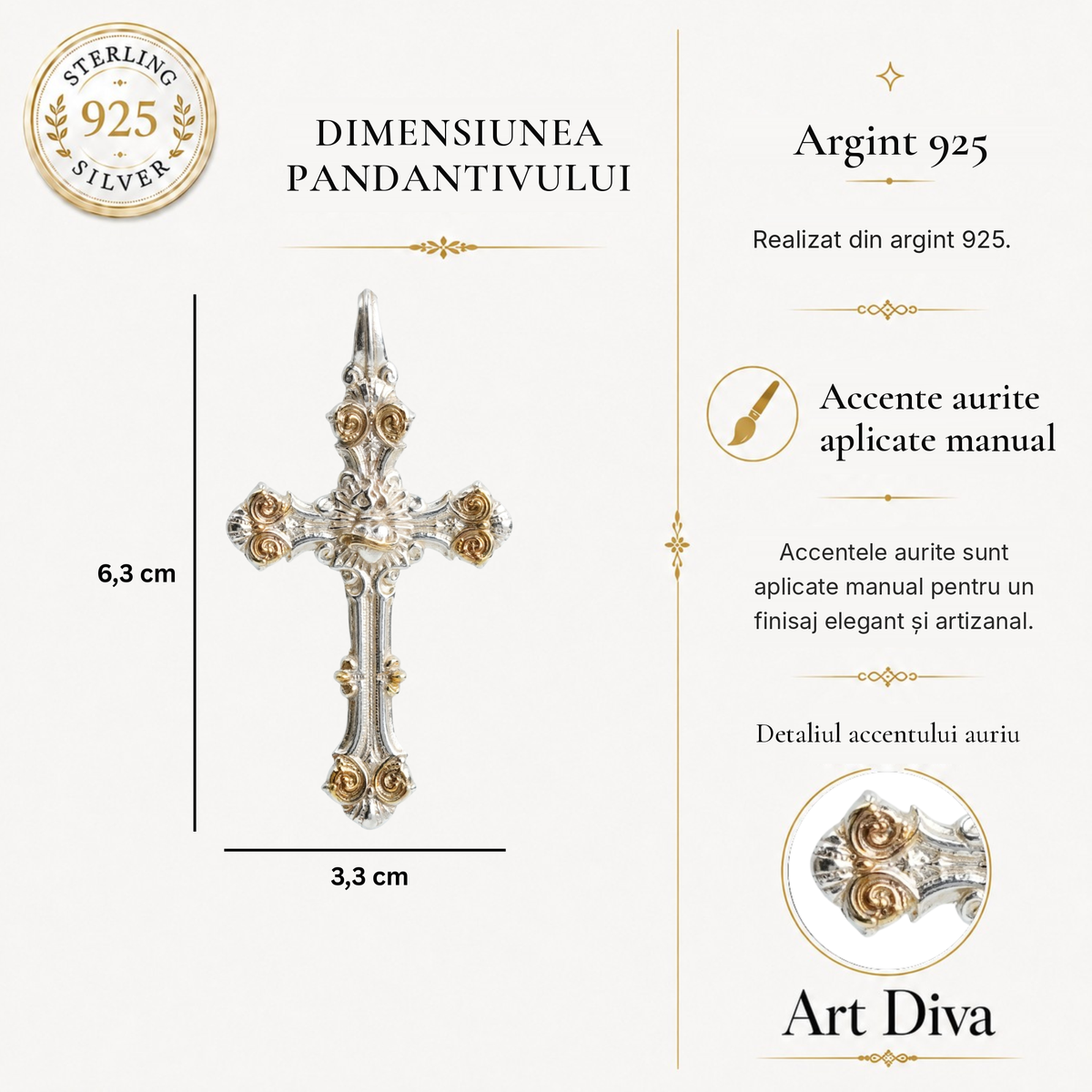 Pandantiv „Cruce ornamentală cu Preasfânta Inimă a lui Iisus” din argint 925 cu accente aurii – bijuterie sculpturală realizată manual | Art Diva
