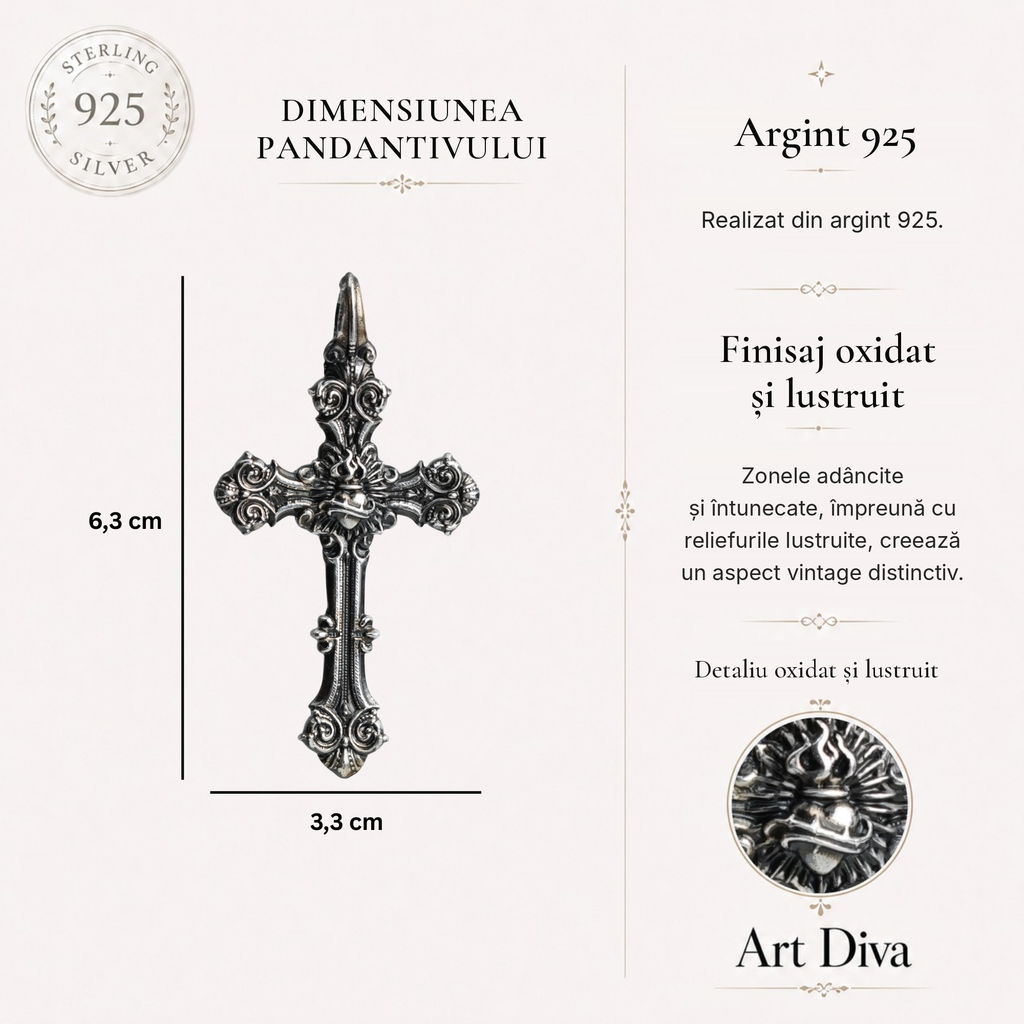 Pandantiv „Cruce ornamentală cu Preasfânta Inimă a lui Iisus” din argint 925 – bijuterie sculpturală oxidată | Art Diva