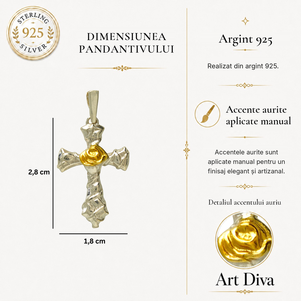 Pandantiv cruce cu trandafir pentru femei din argint 925 – design artistic | Art Diva