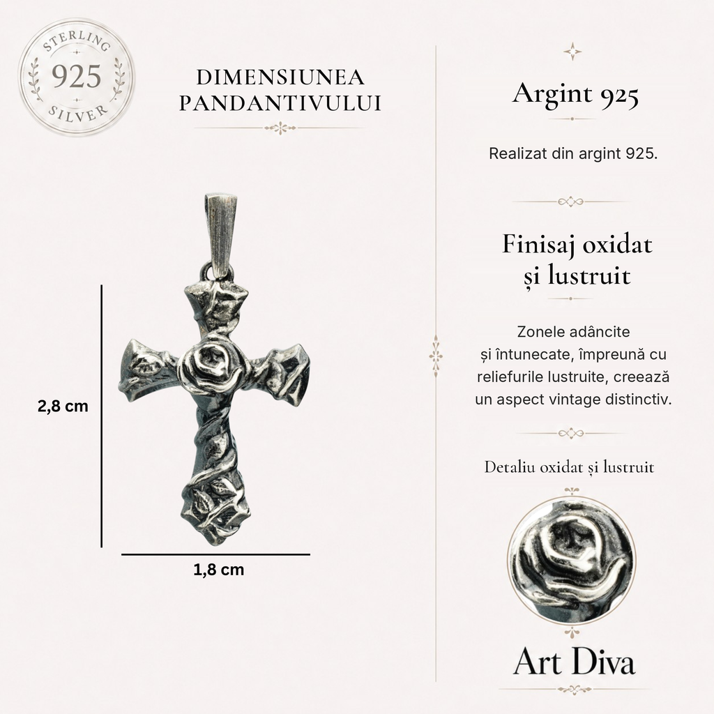 Pandantiv Cruce cu Trandafir din argint 925 – design oxidat boho-rustic | Art Diva