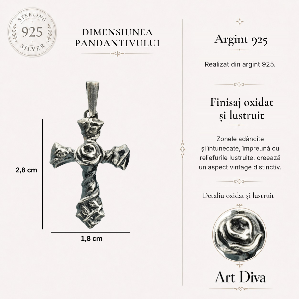 Pandantiv Cruce cu Trandafir din argint 925 – design oxidat boho-rustic | Art Diva