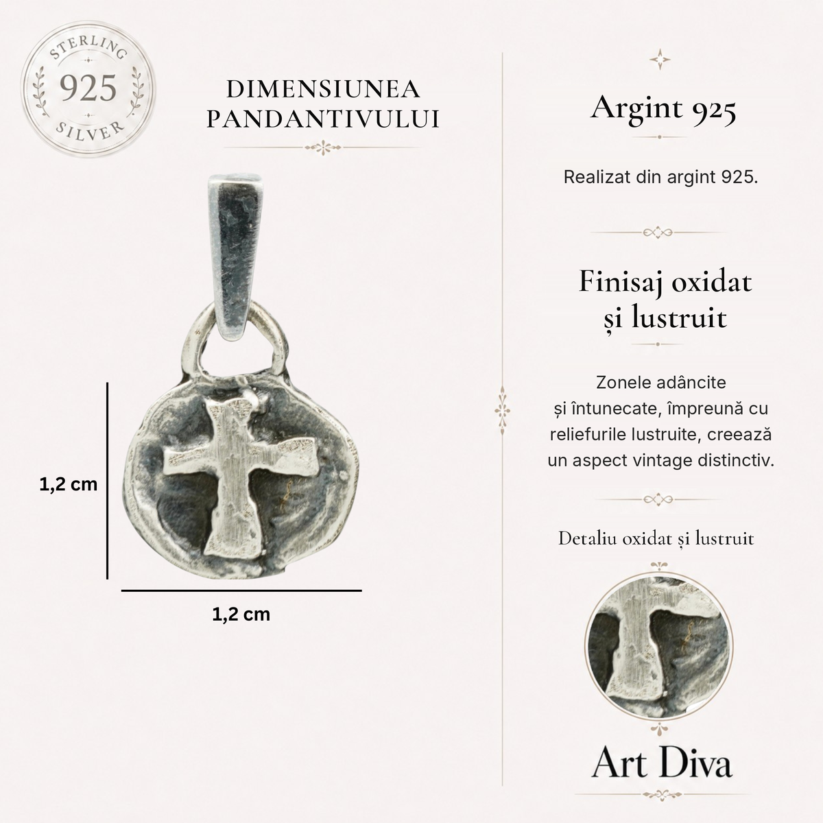 Pandantiv cu cruce în relief din argint 925 – talisman boho al credinței și al forței spirituale, bijuterie sculpturală și cadou pentru mamă, fiică sau prietenă | Art Diva