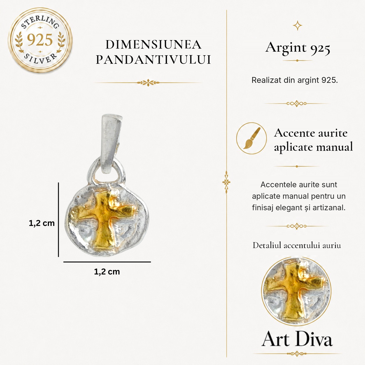 Pandantiv Cruce cu relief din argint 925 și accente aurii – talisman boho realizat manual pentru credință și forță spirituală, un cadou special | Bijuterie sculpturală din colecția „Strălucire” | Art Diva