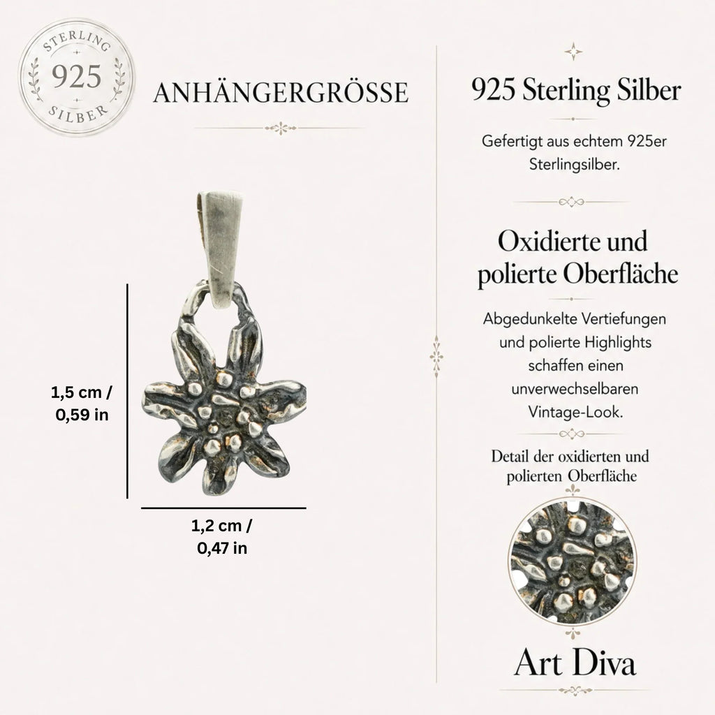 Pandantiv Floare de colț (Edelweiss) din argint 925 – talisman boho al iubirii pure și al loialității, bijuterie sculpturală și cadou pentru mamă, fiică sau prietenă | Art Diva